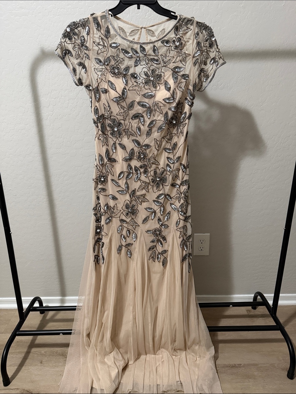 Adrianna Papel Elegant Beaded Nude Evening Gown